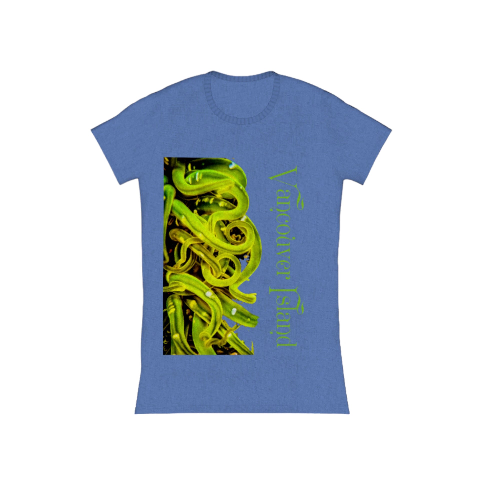 Vancouver Island Sea Anemone Comfort Slim Fit T-shirt. The image is of a green sea anemone under water .  The words read Vancouver Island