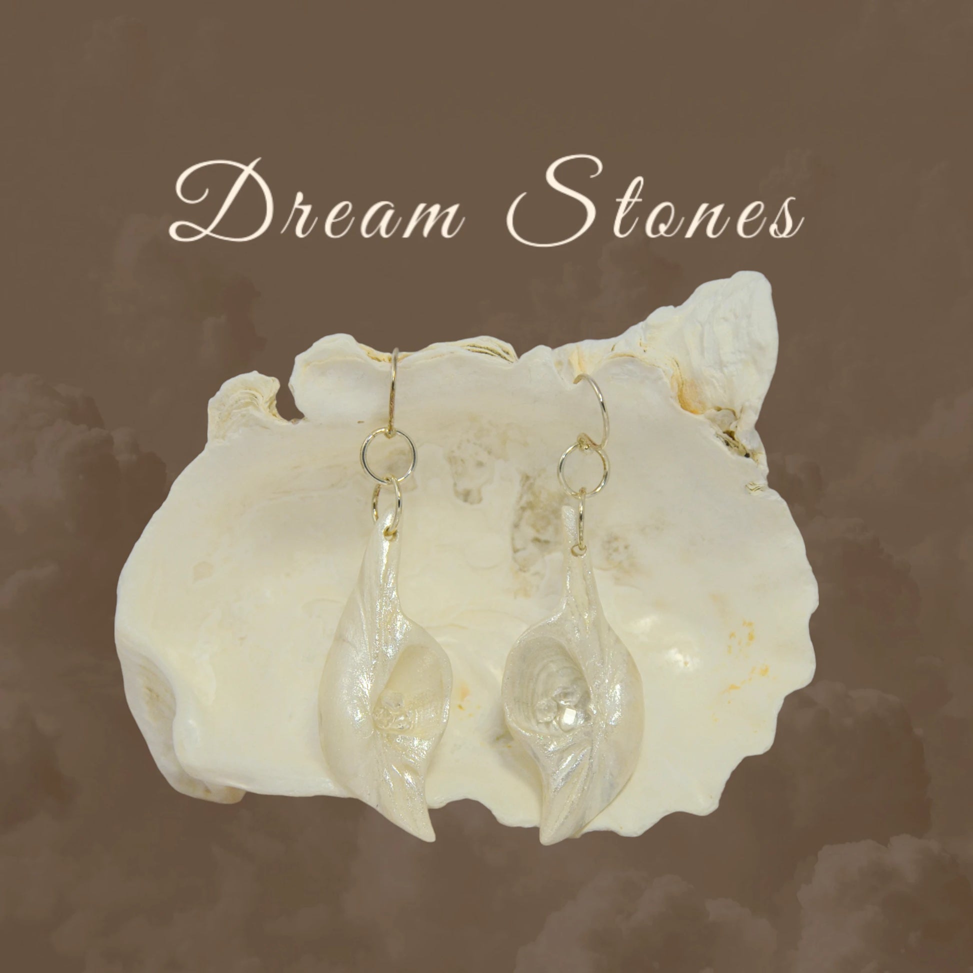 Dream Stone natural seashell earrings with herkimer diamonds. The earrings are shown hanging on a larger seashell.  The words Dream Stones is at the top of the image.