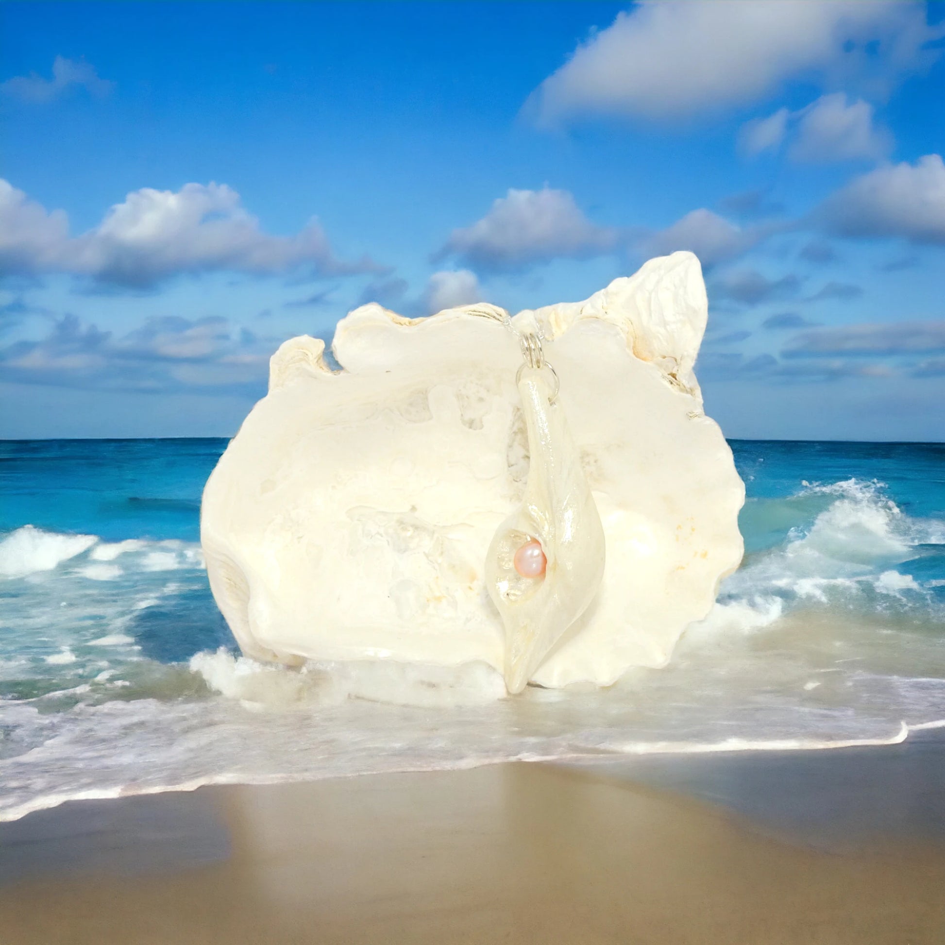 A beautiful natural seashell pendant with real freshwater pearl and herkimer diamonds.  The pendant is called Champagne on Ice and is hanging in front of a larger seashell .  The background is of the ocean waves rolling up behind the seashell with a blue sky and a few clouds.