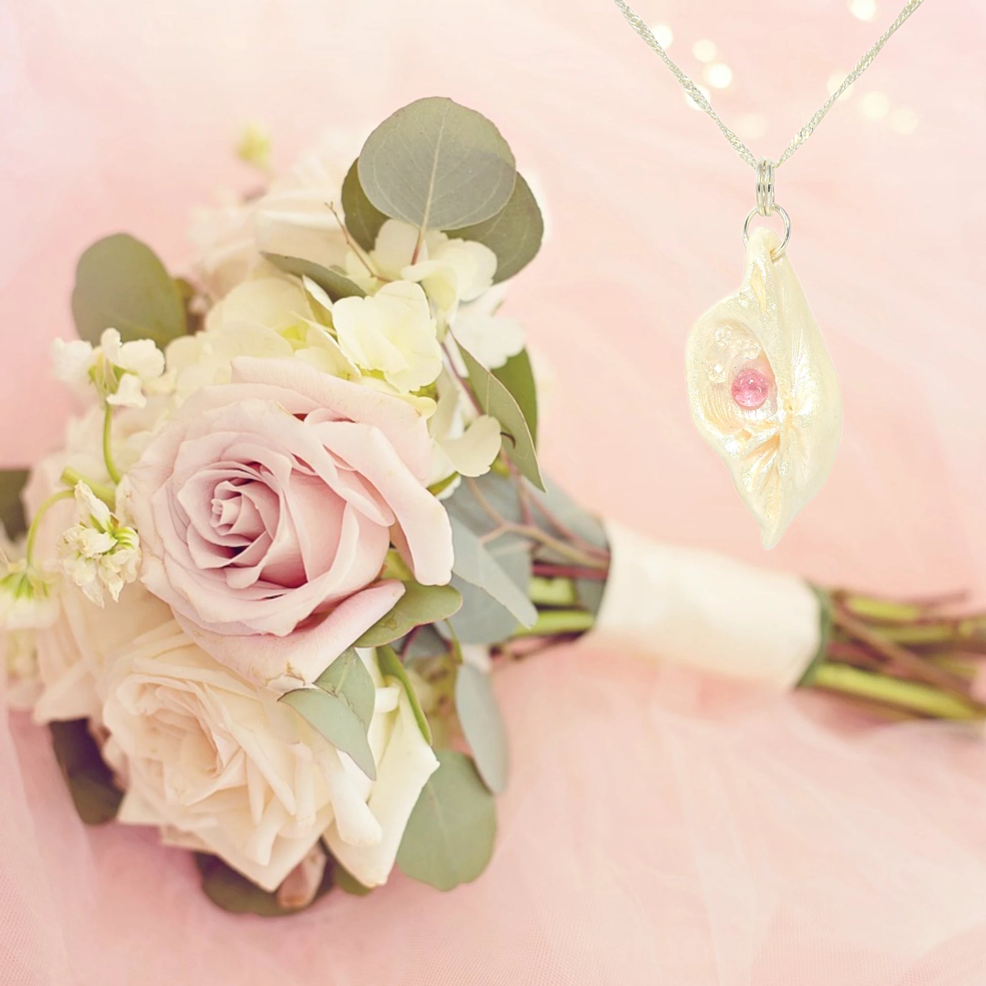This natural seashell pendant has Pink Tourmaline gemstone and three Herkimer Diamonds that compliments the pendant.