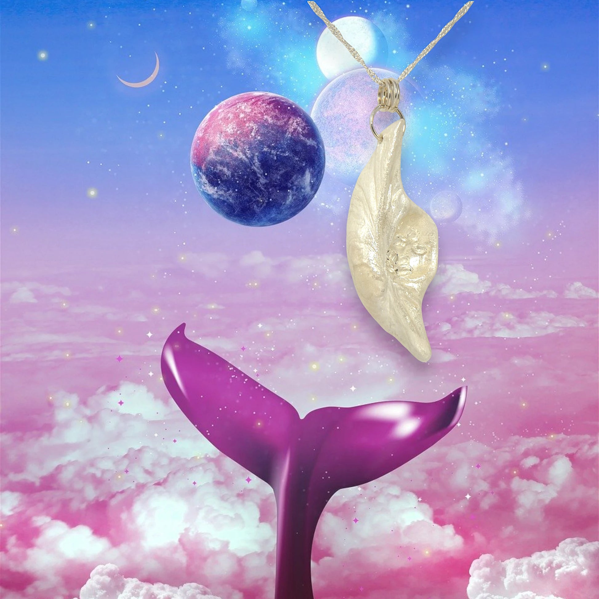 Beautiful pendant called Clarity.  Clarity is a natural seashell from the beach of Vancouver island.with seven herkimer diamonds. The pendant is hanging by a chain on the right side of the image.  The background is a perwinkle bluesky with moons, and planets.  Pink clouds and a purple whale tail.