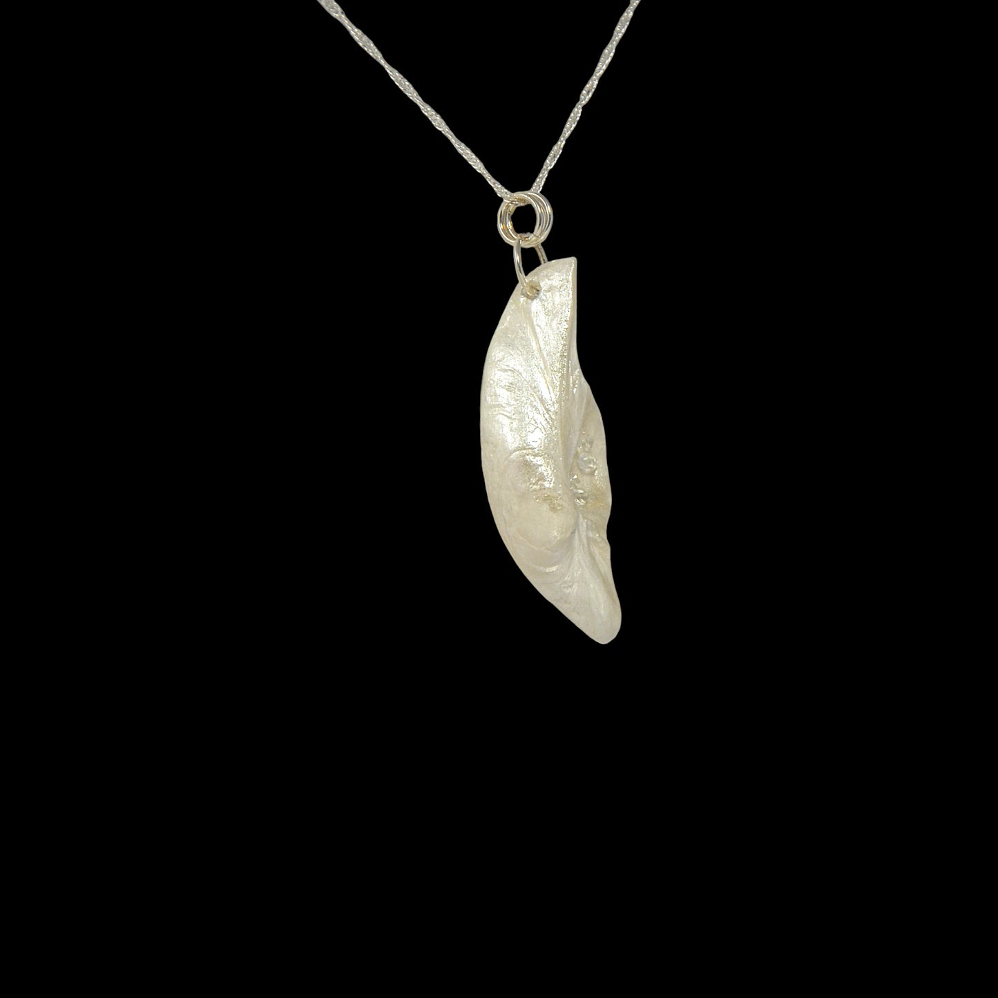 Beautiful pendant called Clarity.  Clarity is a natural seashell from the beach of Vancouver island.with seven herkimer diamonds. The pendant is turned to show the viewer the right side of the pendant.  The background is black.
