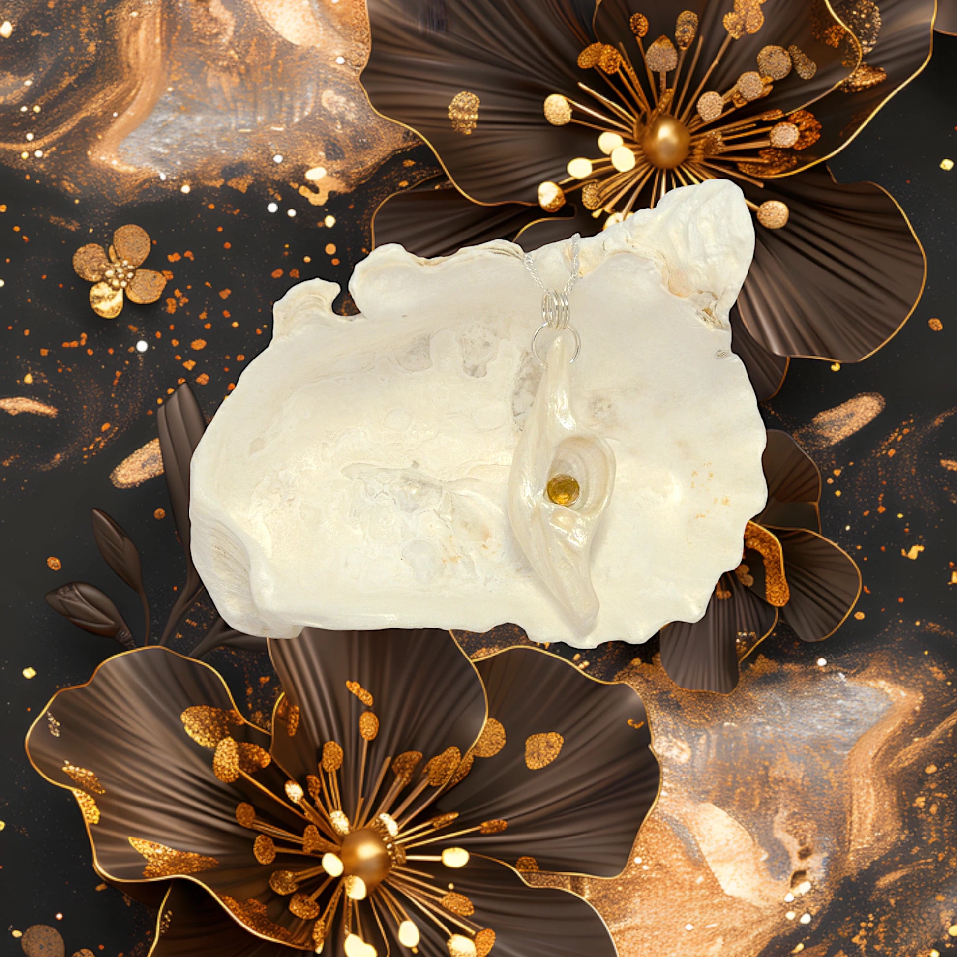 Seer is a natural seashell pendant with a beautiful 5mm rose cut Smokey Quartz compliments the pendant. The background is of bronze metal flowers.