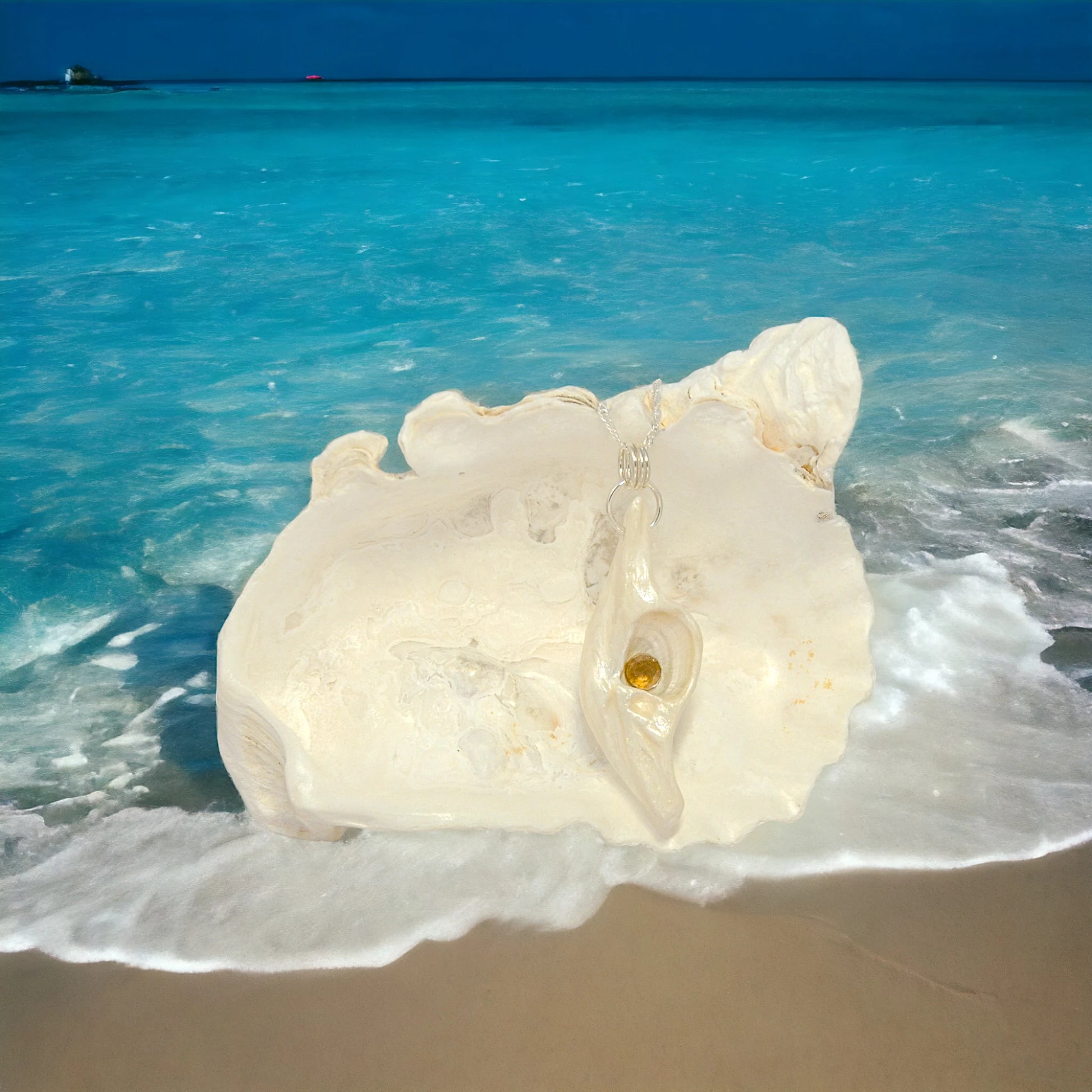 Seer is a natural seashell pendant with a beautiful 5mm rose cut Smokey Quartz compliments the pendant. The pendant is shown in front of a larger seashell with the ocean in the background.