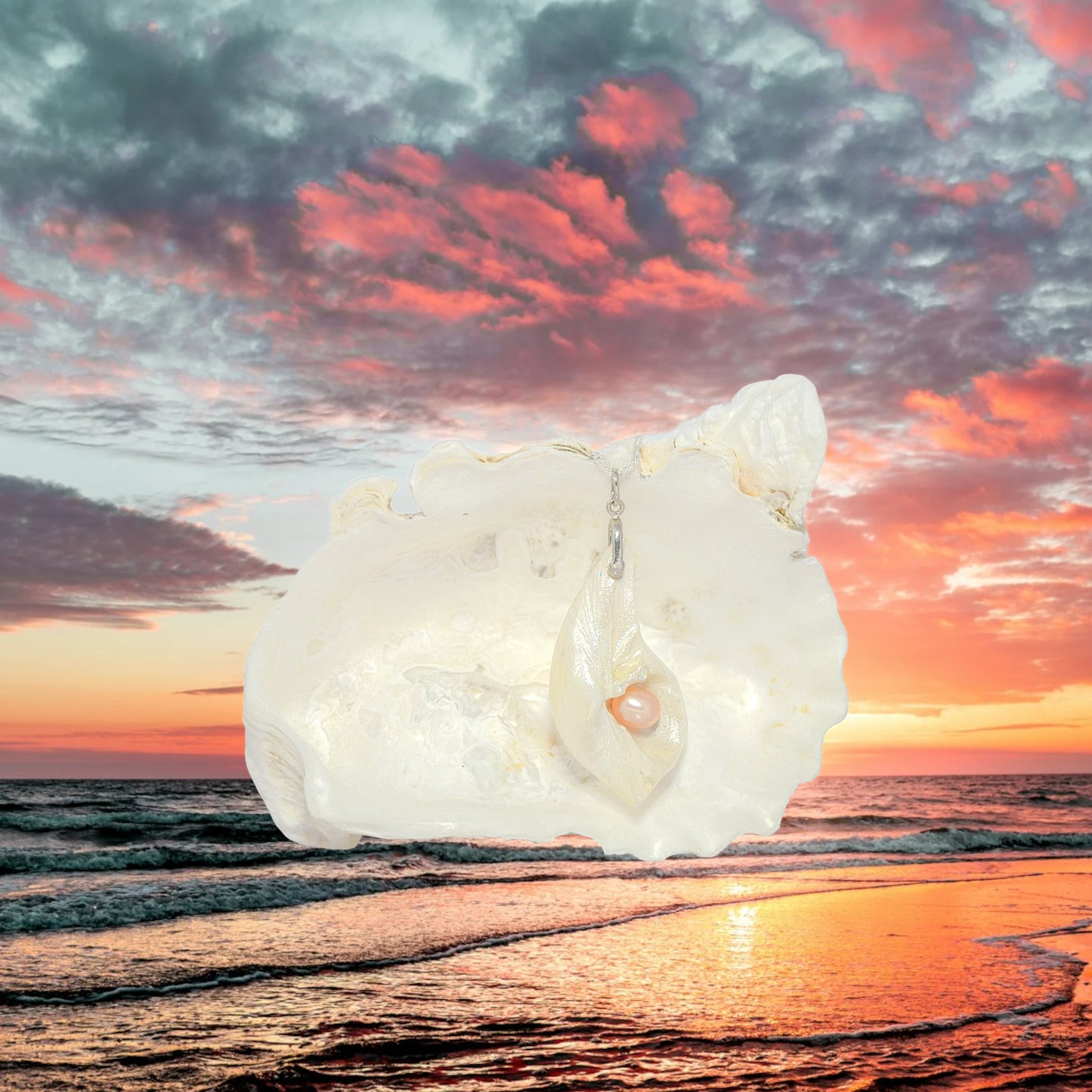 Athena is the name of the pendant being showcased.  It is a natural seashell from the beaches of Vancouver Island. The pendant has a real pink freshwater pearl and a faceted herkimer diamond. It is being showcased with a beautiful ocean sunset in the background.
