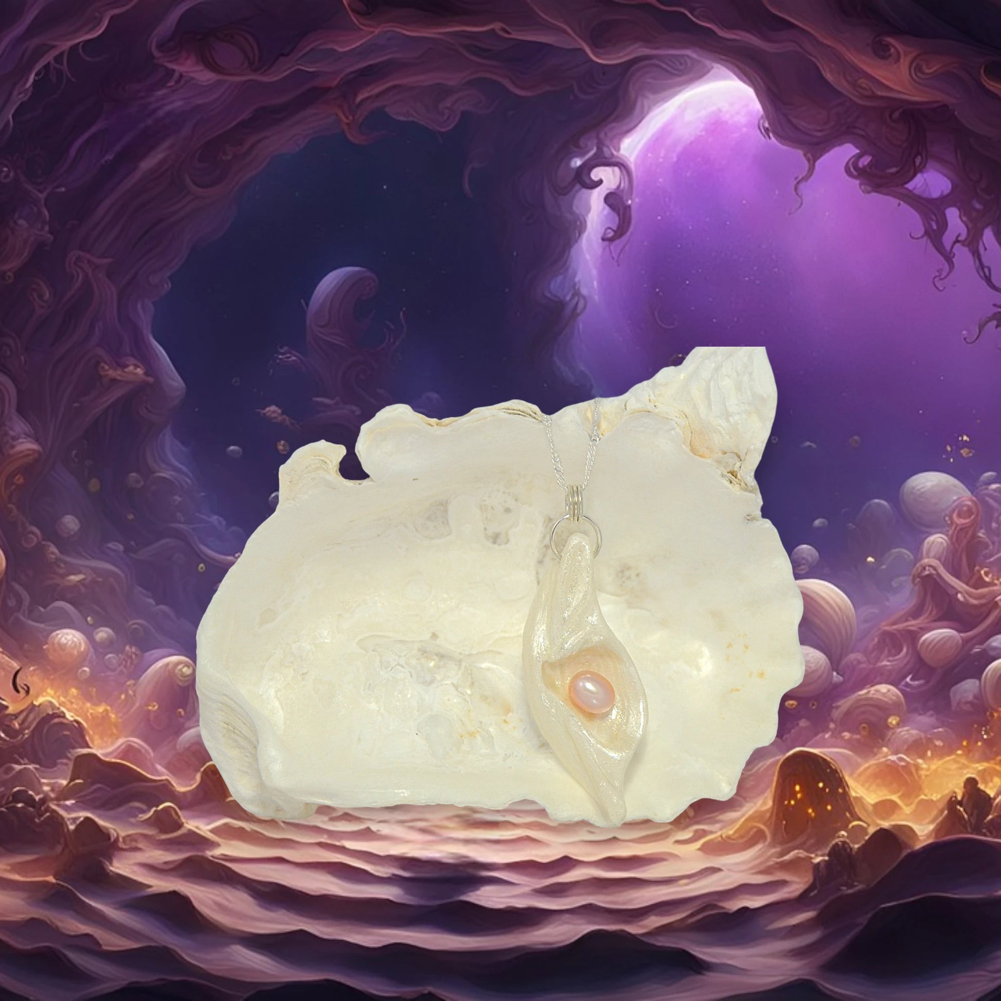 Glow natural seashell pendant with a pink freshwater pearl. The background shows a underwater cave that holds the pendant hanging on a larger seashell.