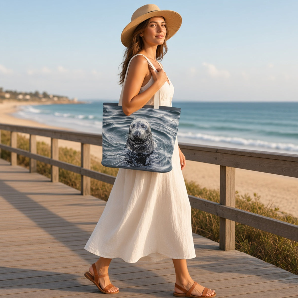 A woman in a white dress and straw hat walks on a wooden boardwalk by the beach, carrying a large tote bag printed with a seal in blue water.