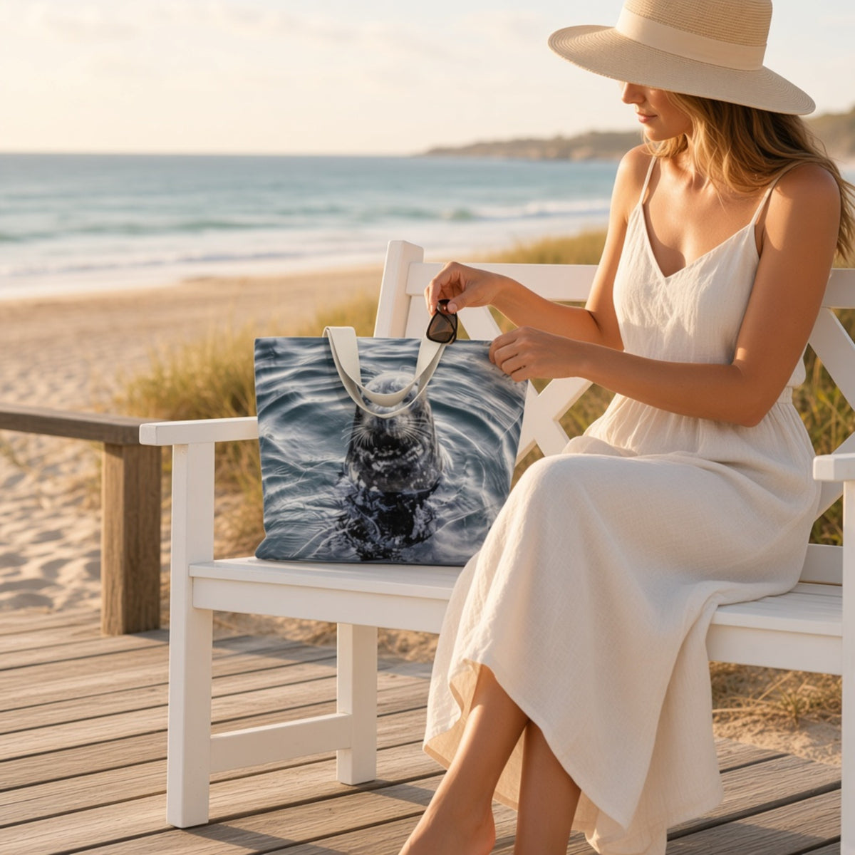 A woman in a white dress and sun hat sits on a white bench at the beach, holding a tote bag printed with a close-up photograph of a seal in blue water.