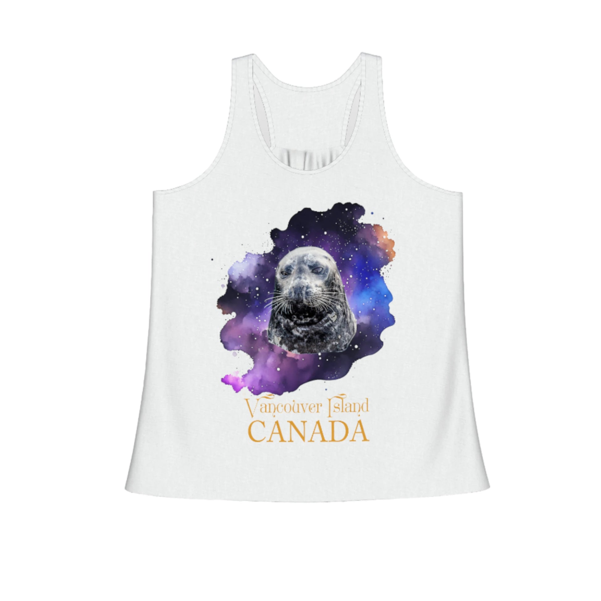 I Love Lucy Vancouver Island Canada Flow Racerback Tank Top.  The image on the front shows two sea lions on a abstract ocean blue background. By van isle goddess dot com