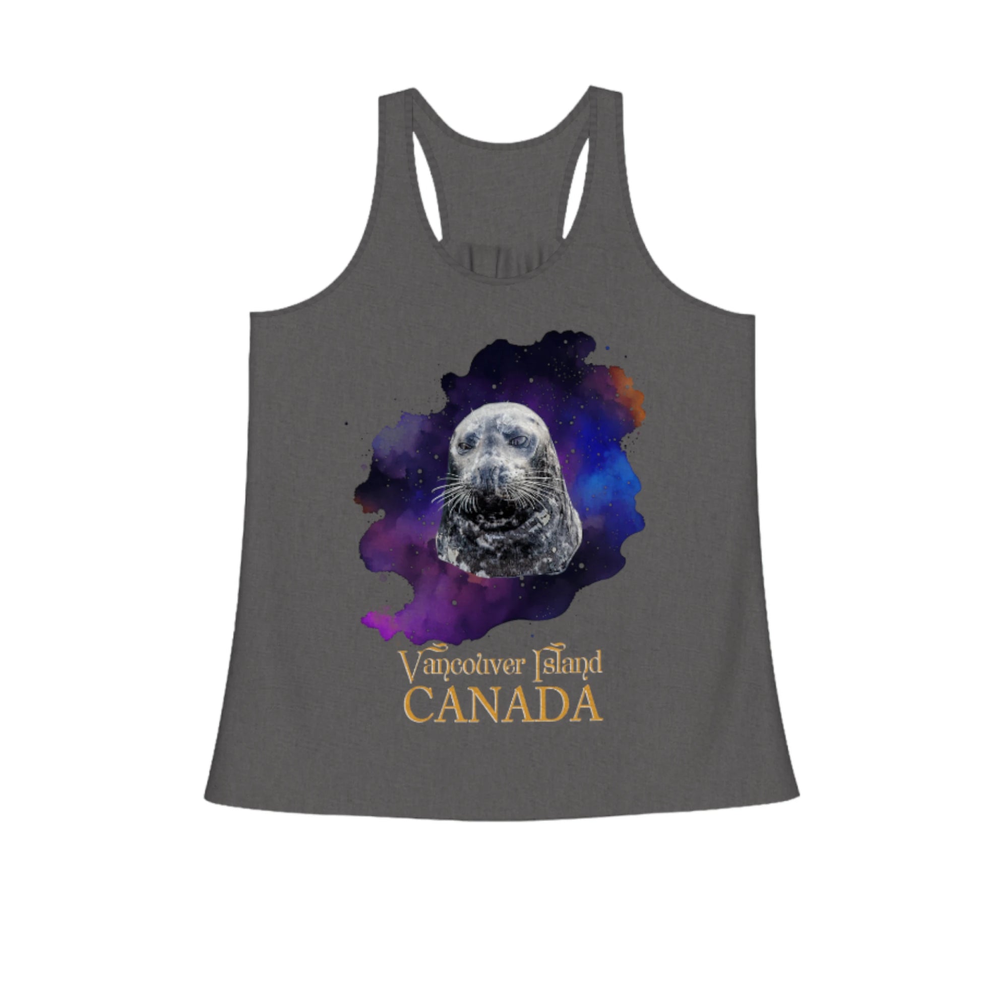 I Love Lucy Vancouver Island Canada Flow Racerback Tank Top.  The image on the front shows two sea lions on a abstract ocean blue background. By van isle goddess dot com