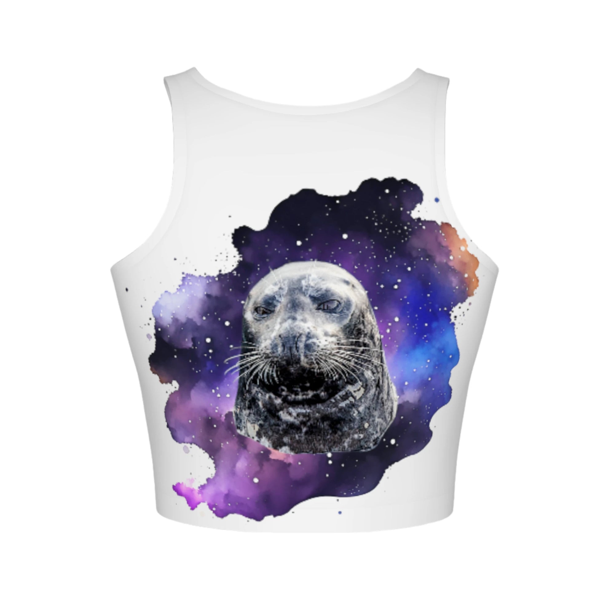 I Love Lucy Active Crop Top. Lucy, a charming harbour seal, calls the picturesque Nanaimo Harbour her home. The image is of a harbour seal close up with a colourful celestial background on a white crop top.