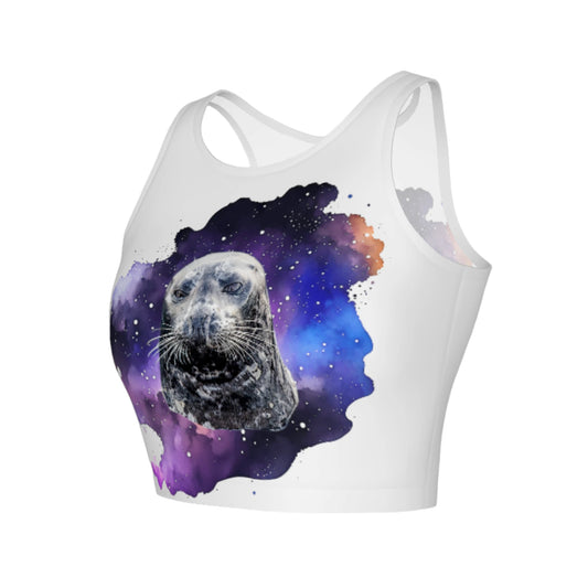 I Love Lucy Active Crop Top. Lucy, a charming harbour seal, calls the picturesque Nanaimo Harbour her home. The image is of a harbour seal close up with a colourful celestial background on a white crop top.