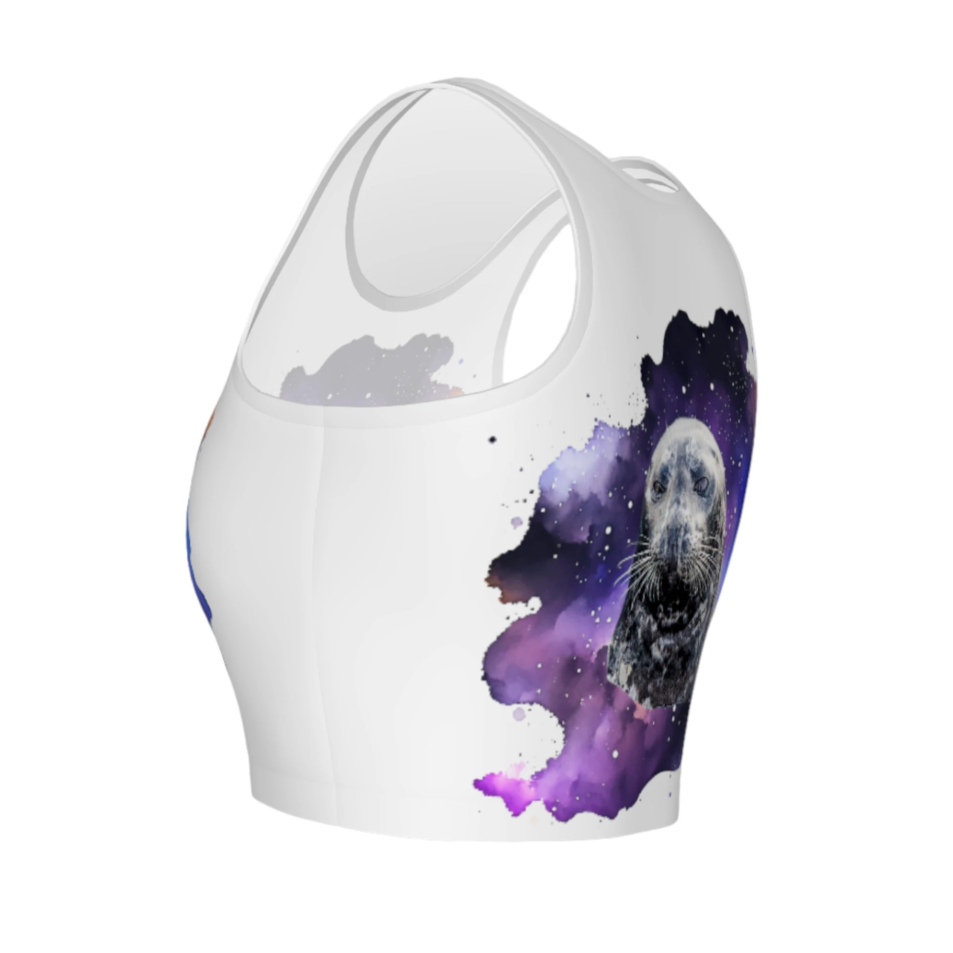 I Love Lucy Active Crop Top. Lucy, a charming harbour seal, calls the picturesque Nanaimo Harbour her home. The image is of a harbour seal close up with a colourful celestial background on a white crop top.