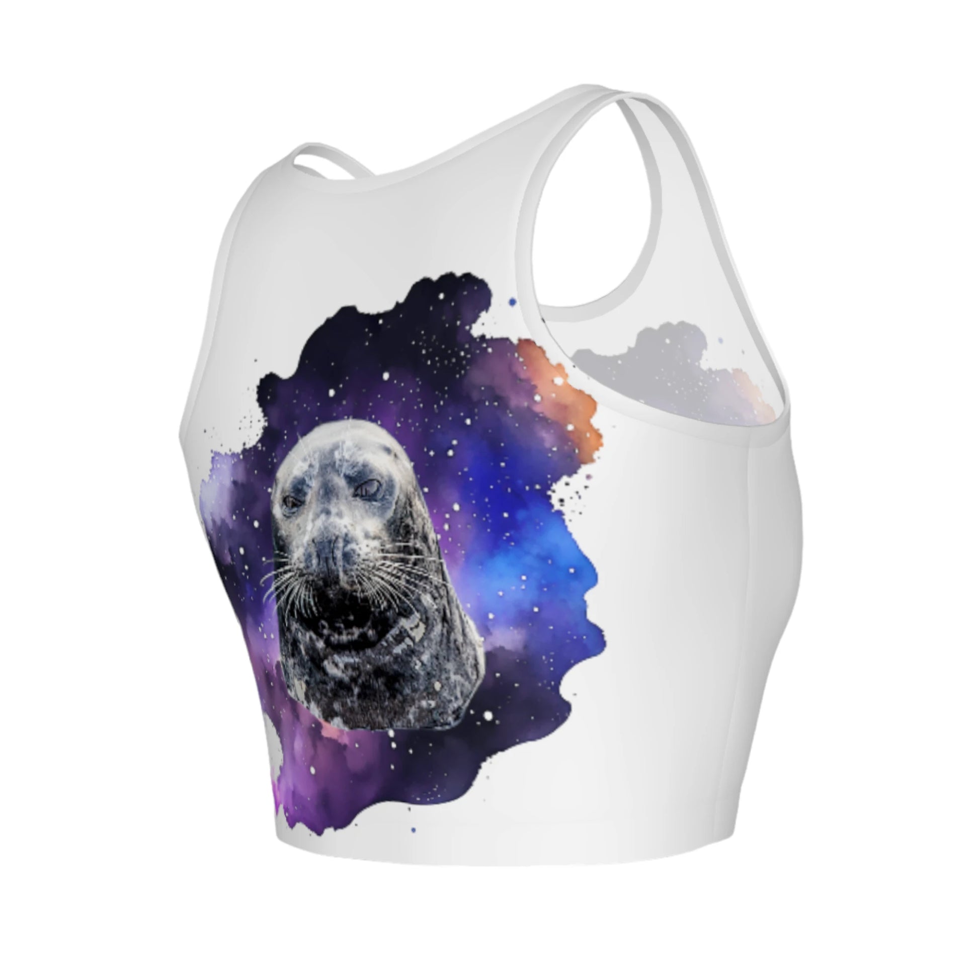 I Love Lucy Active Crop Top. Lucy, a charming harbour seal, calls the picturesque Nanaimo Harbour her home. The image is of a harbour seal close up with a colourful celestial background on a white crop top.