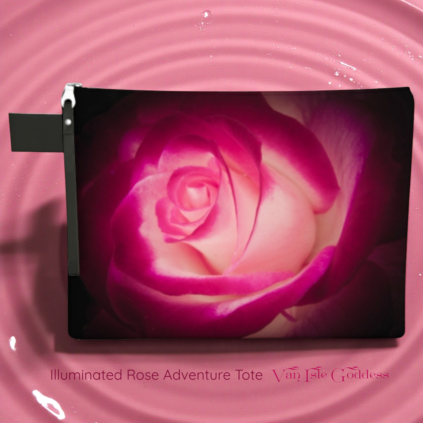 Illuminated Rose Adventure Tote with a pink rose design on a pink water background