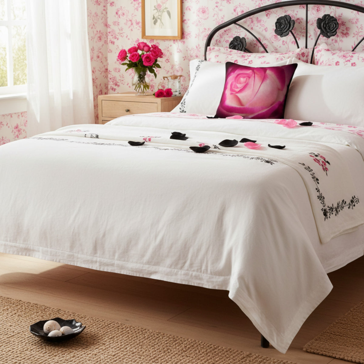 A neatly made bed in a pink floral bedroom setting, featuring a white quilted cover with black rose motifs and a matching white pillowcase, plus a pink rose print accent pillow.