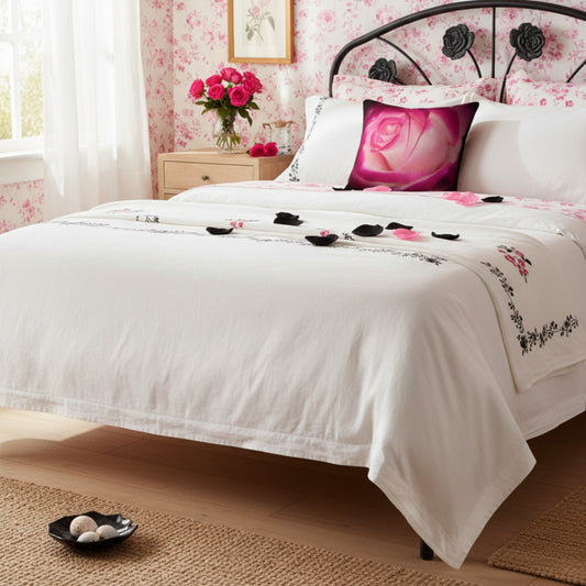 A neatly made bed in a pink floral bedroom setting, featuring a white quilted cover with black rose motifs and a matching white pillowcase, plus a pink rose print accent pillow.