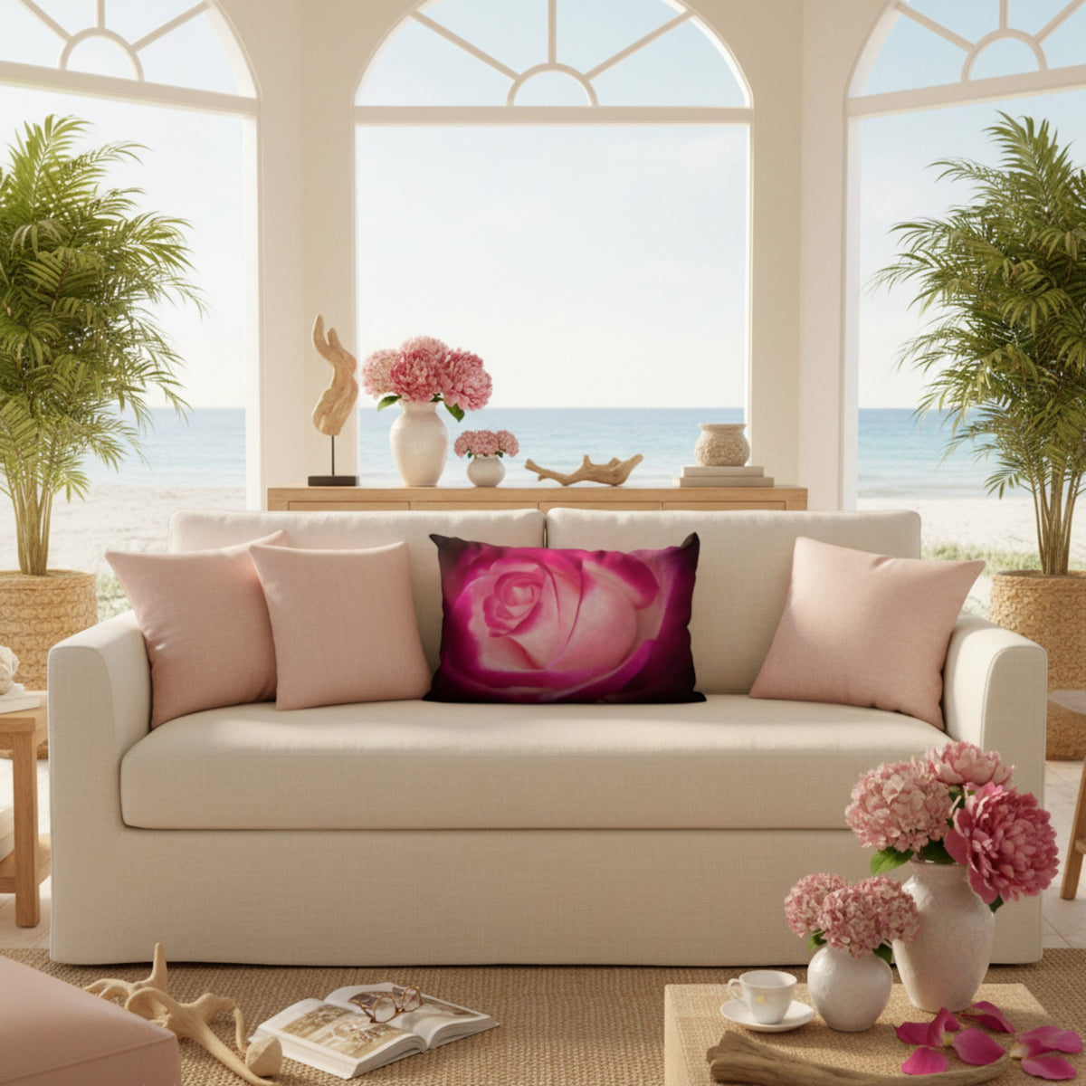 A cream-colored sofa in a bright, sunlit room with large arched windows overlooking the ocean. The sofa is styled with four throw pillows, including two light pink pillows and one square pillow featuring a large pink rose print.