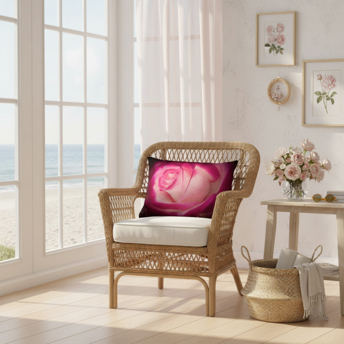 A woven rattan armchair with a white cushion sits in a bright beach-view room, styled with a square throw pillow featuring a pink rose design. A small side table with flowers and a woven basket are nearby, with framed floral prints on the wall and a window showing the ocean and sand in the background.