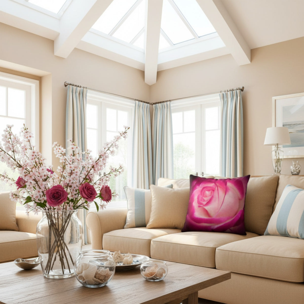 Rose theme pillow on cream coloured sofa.