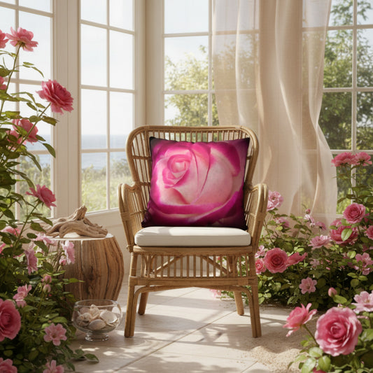 Rose printed on a pillow on a rattan chair.