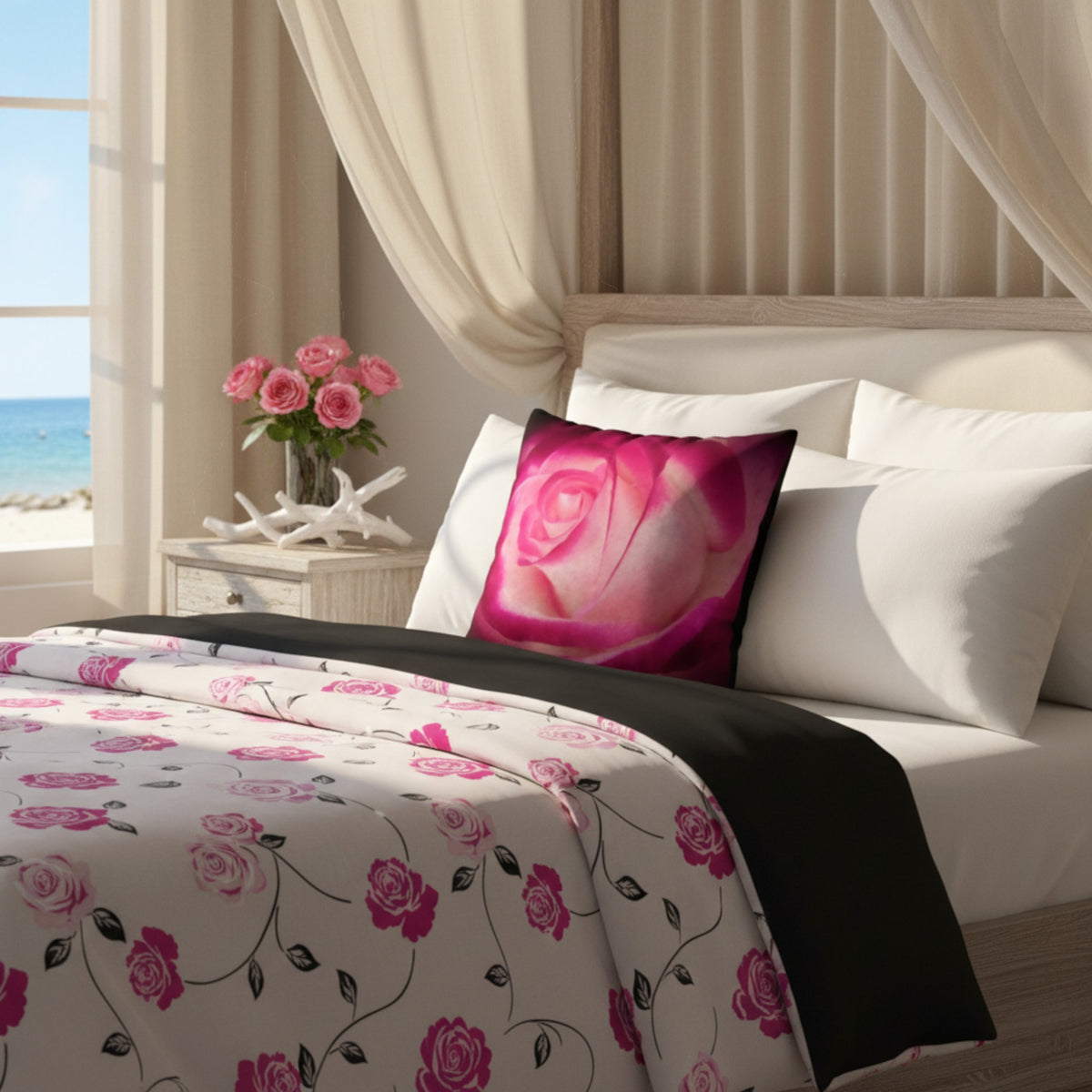 Rose theme pillow on a rose themed bed.