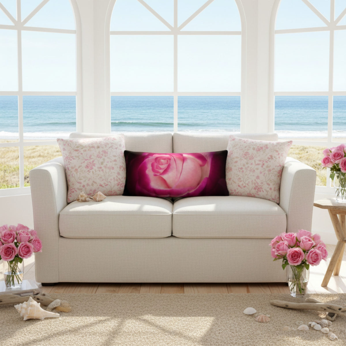 Rose themed pillows on a cream sofa.