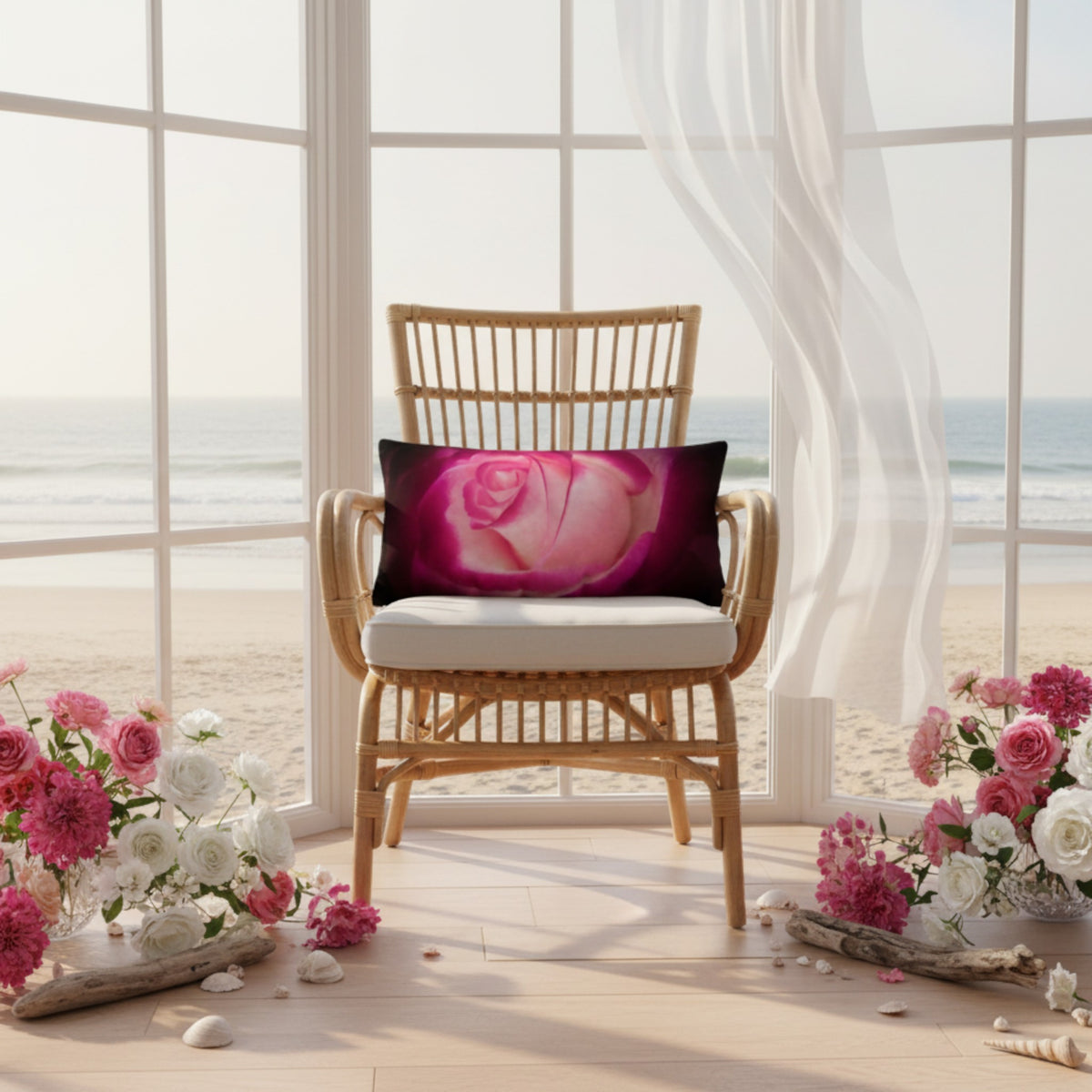 Rose pillow on a rattan chair in a ocean front room.