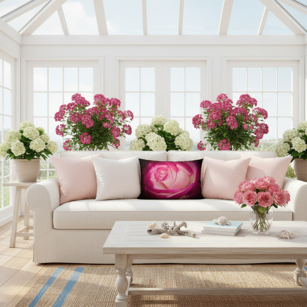 rose Pillow on white sofa.