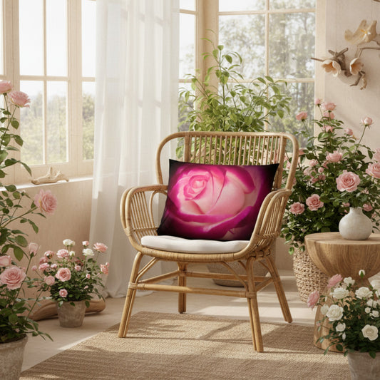 Rose Pillow on a rattan chair in a sunlit filled room with live roses.