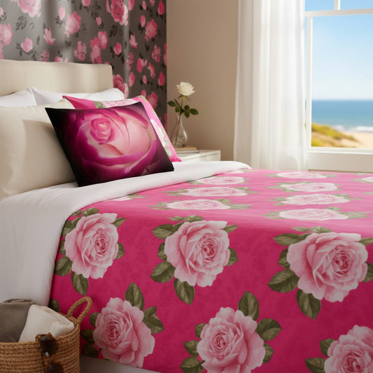 Rose pillow on a bed with a ocean view.