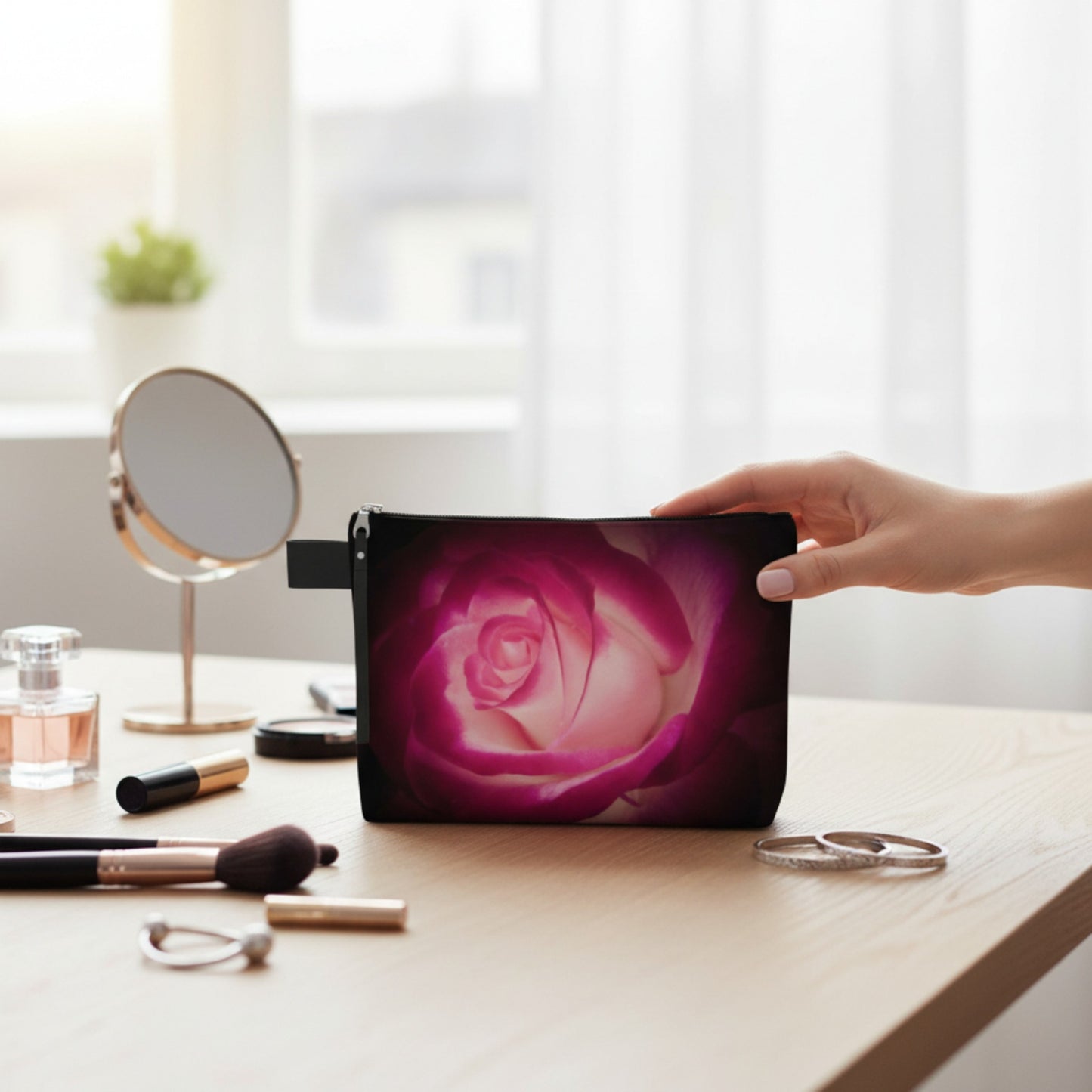 Makeup bag with a pink rose design held by a hand on a vanity table.