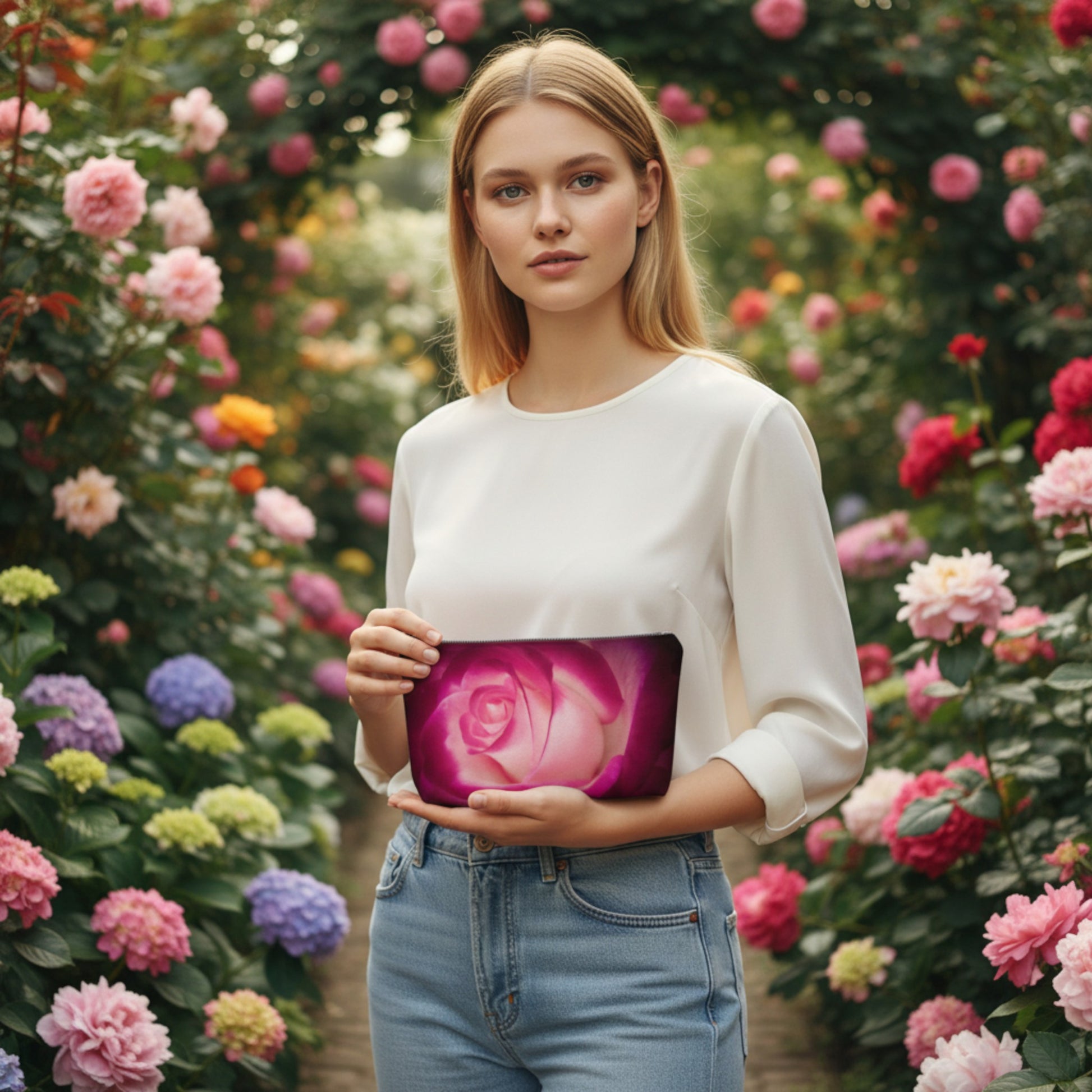 Woman holding a pink rose in front of a floral background