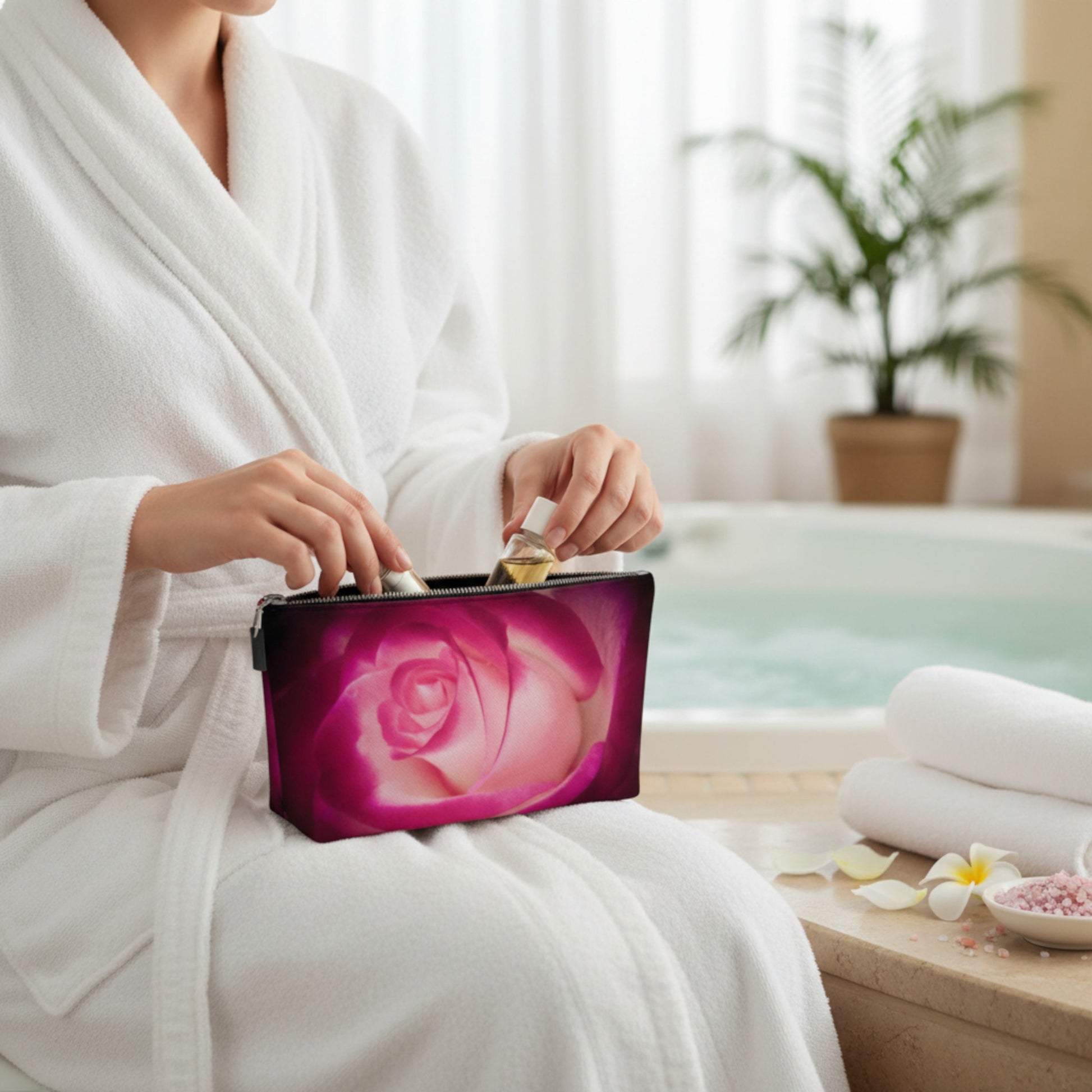 Person in a white robe holding a pouch with a pink rose design in a spa setting.