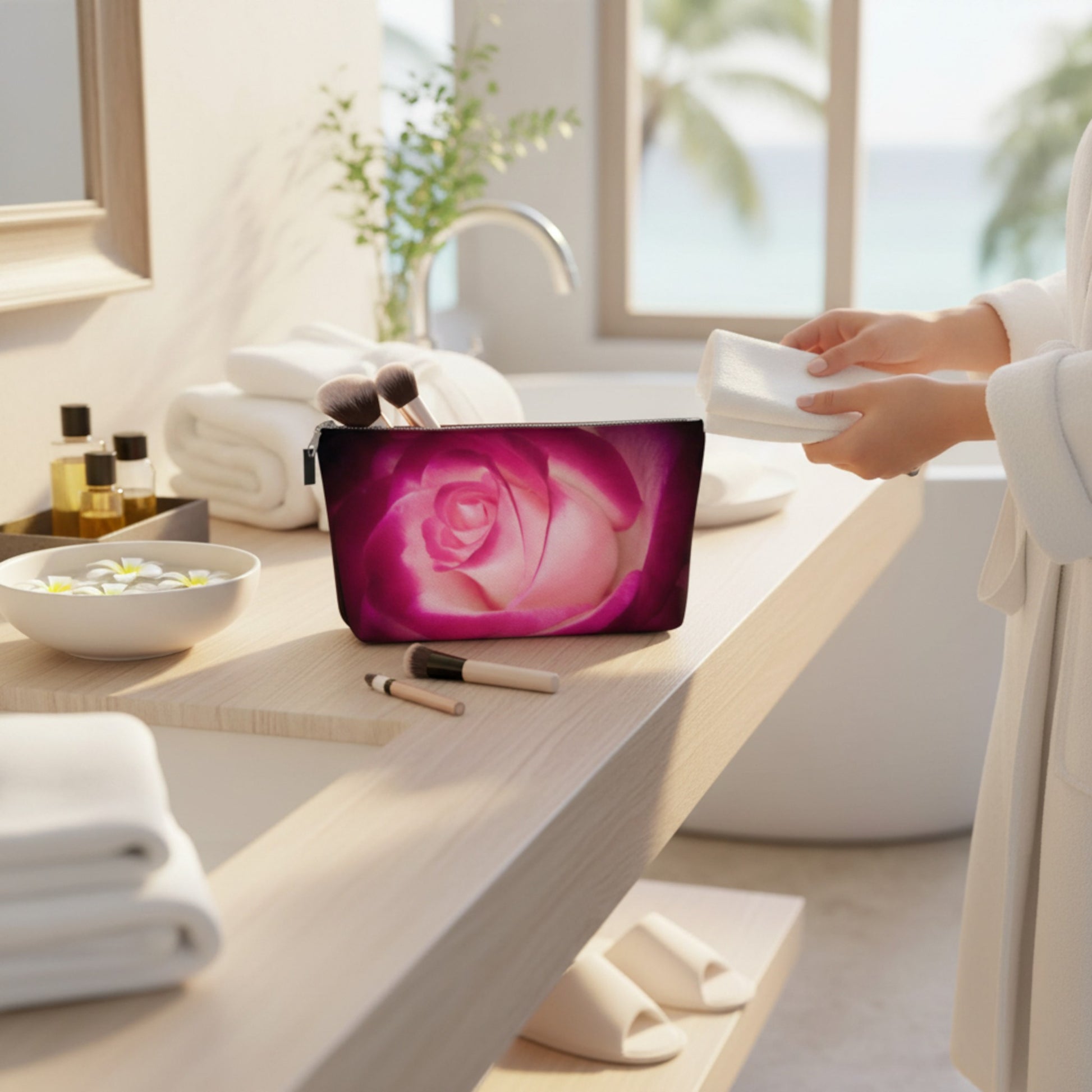 Makeup bag with a rose design on a bathroom counter