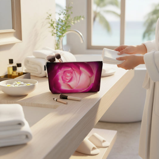 Makeup bag with a rose design on a bathroom counter