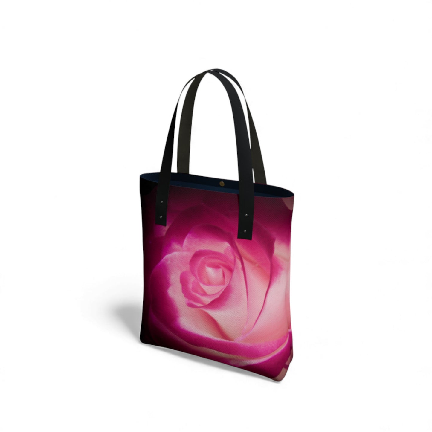 Tote bag with a pink rose design on a white background