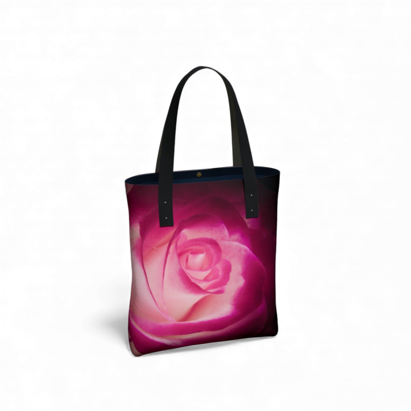 Tote bag with a pink rose design on a white background