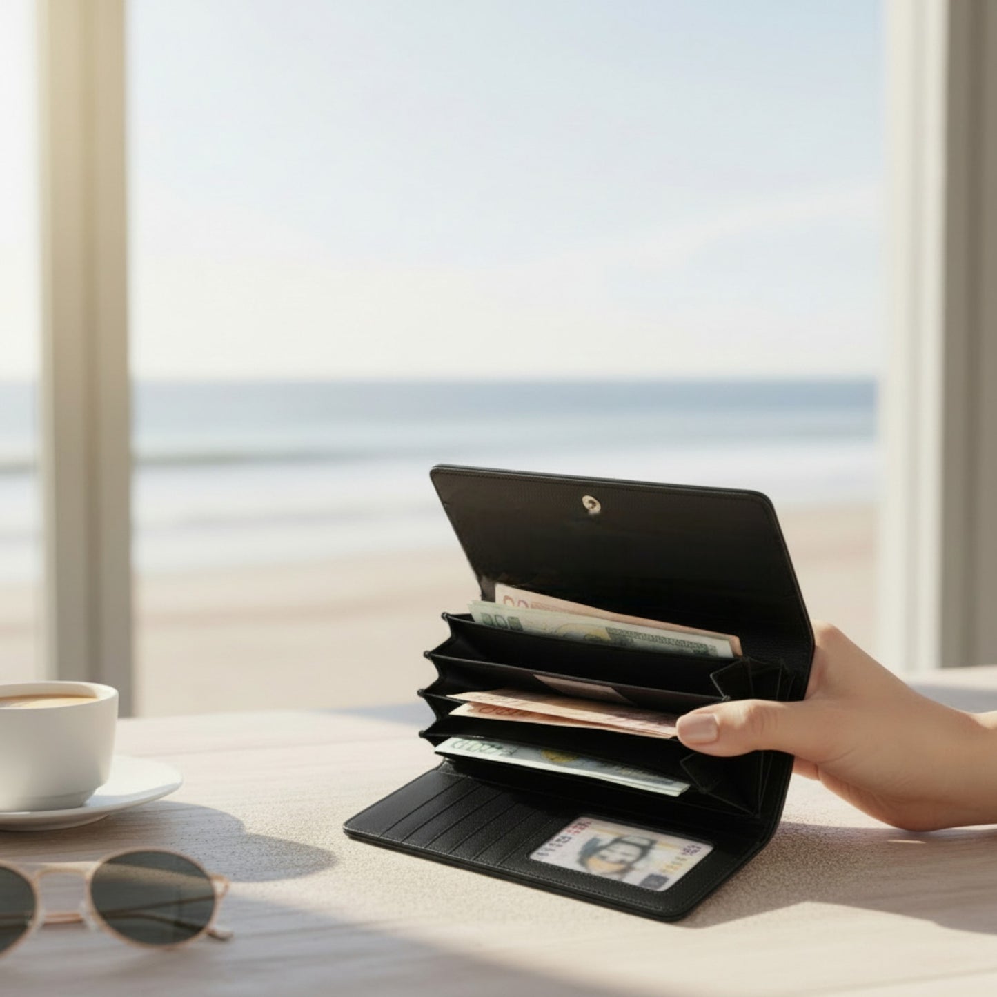 Hand holding an open black wallet with money on a table by a window with a view of water.