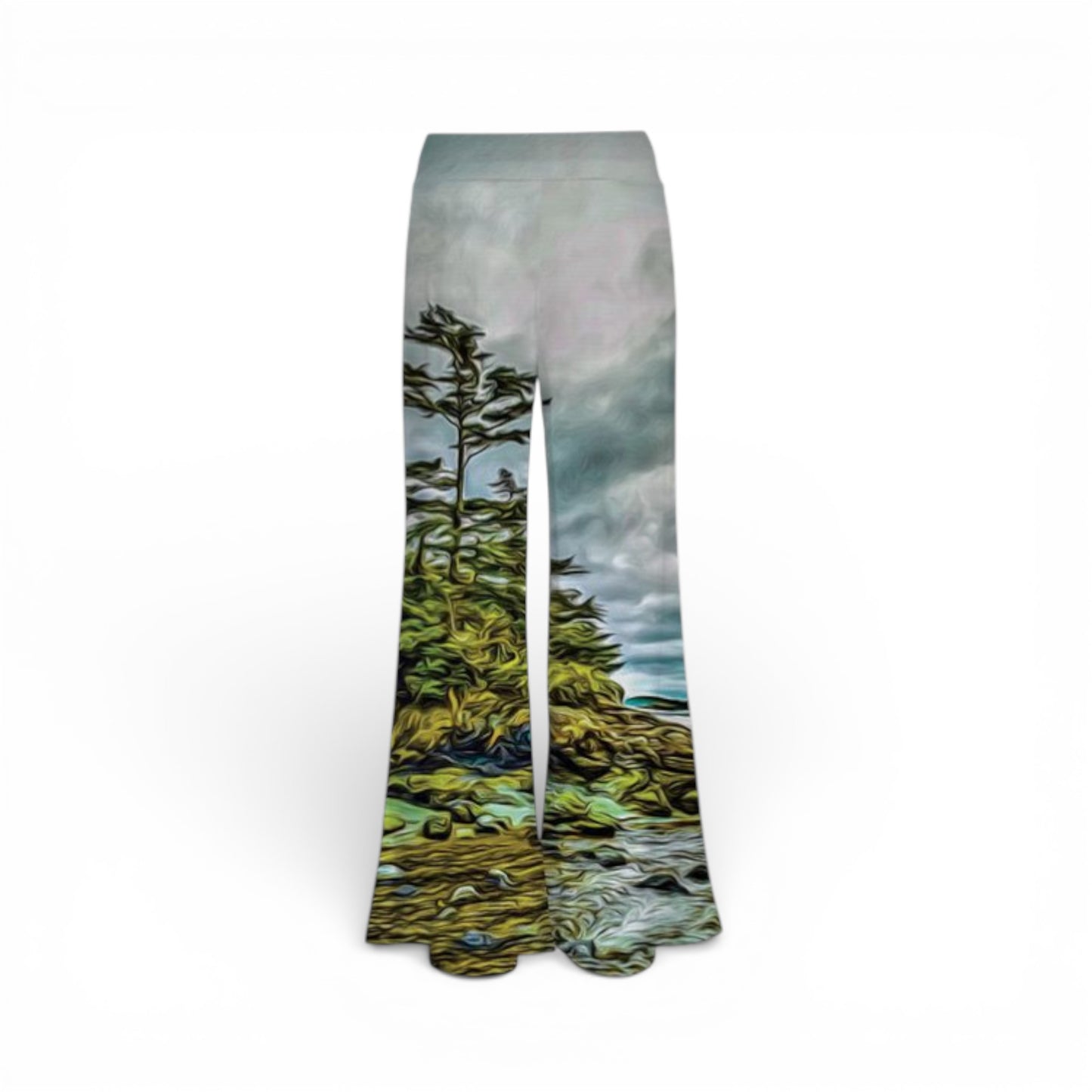 Pants  with a scenic design of trees and water on a white background
