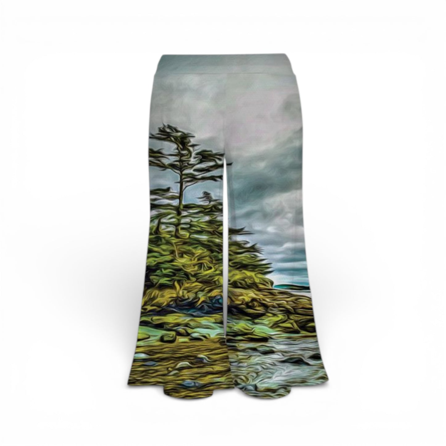 Pants with a nature-themed design on a white background