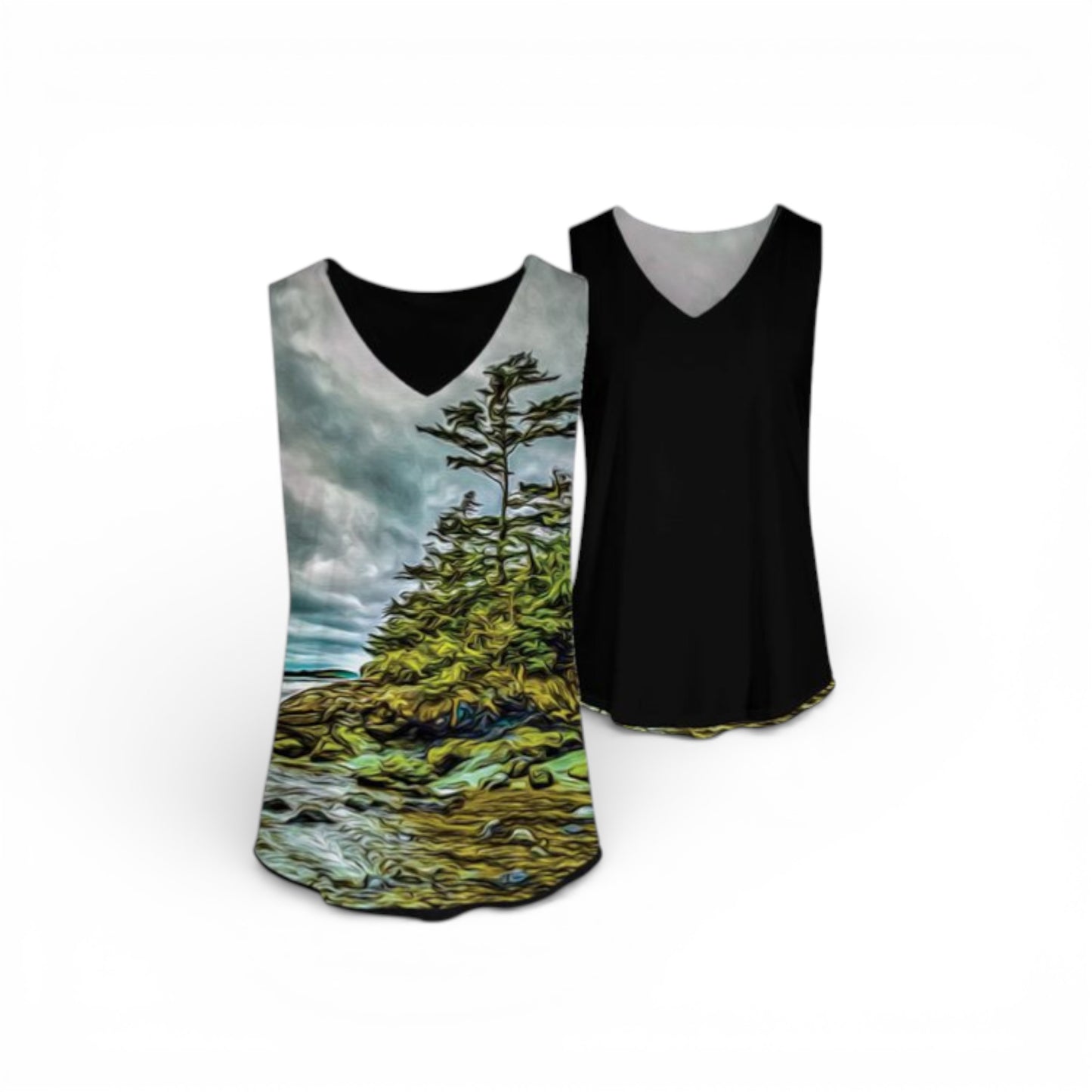Two tank tops, one with a nature design and one black, on a white background