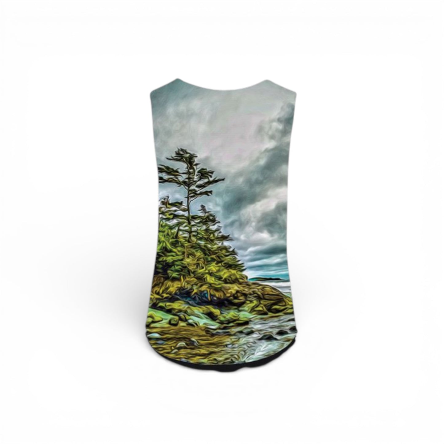 Sleeveless shirt with a nature design of trees and water on a white background