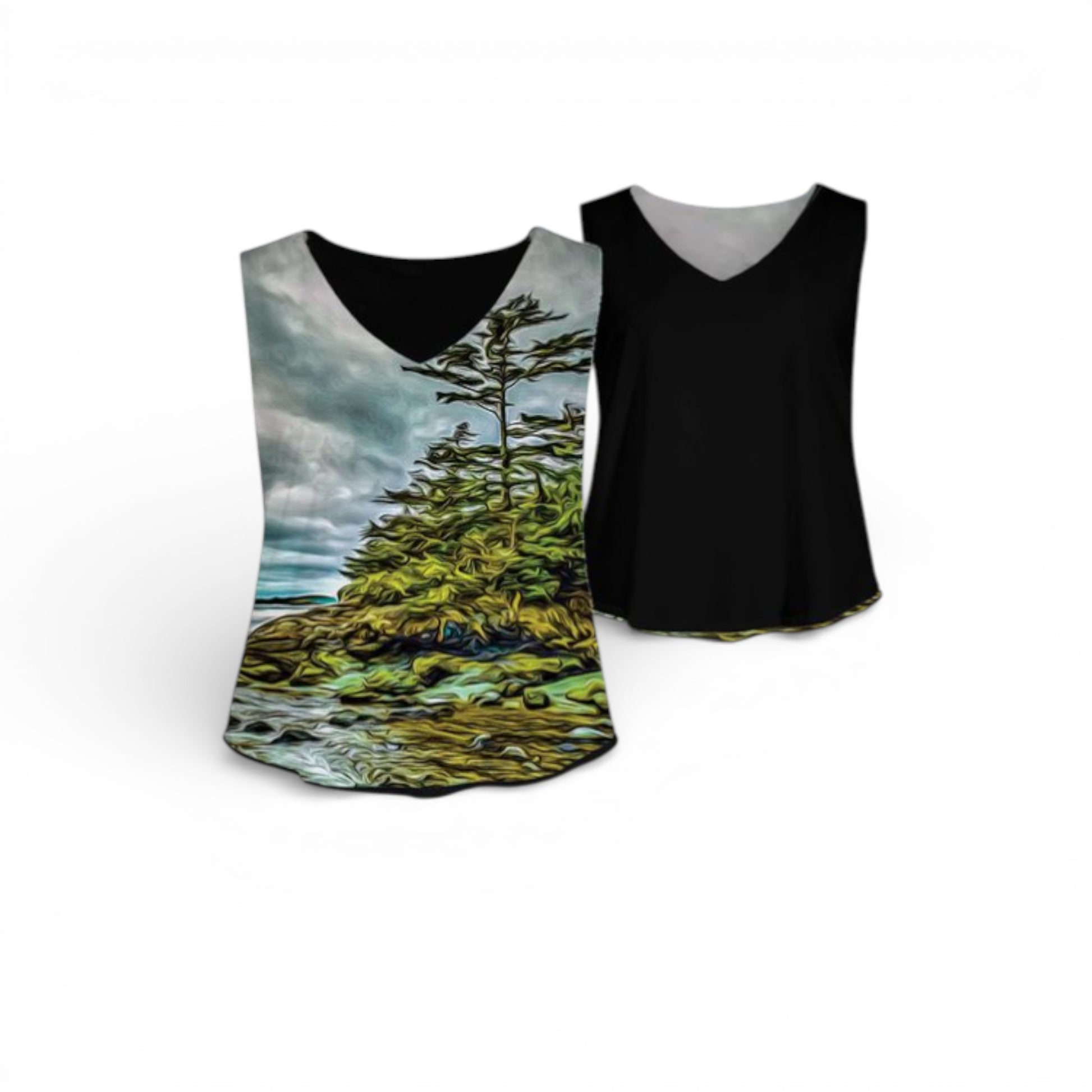 Black tank top with nature-themed design on a white background