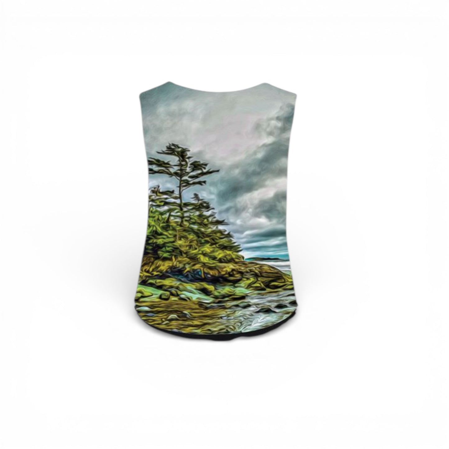 Tank top with a nature design of trees and water on a white background
