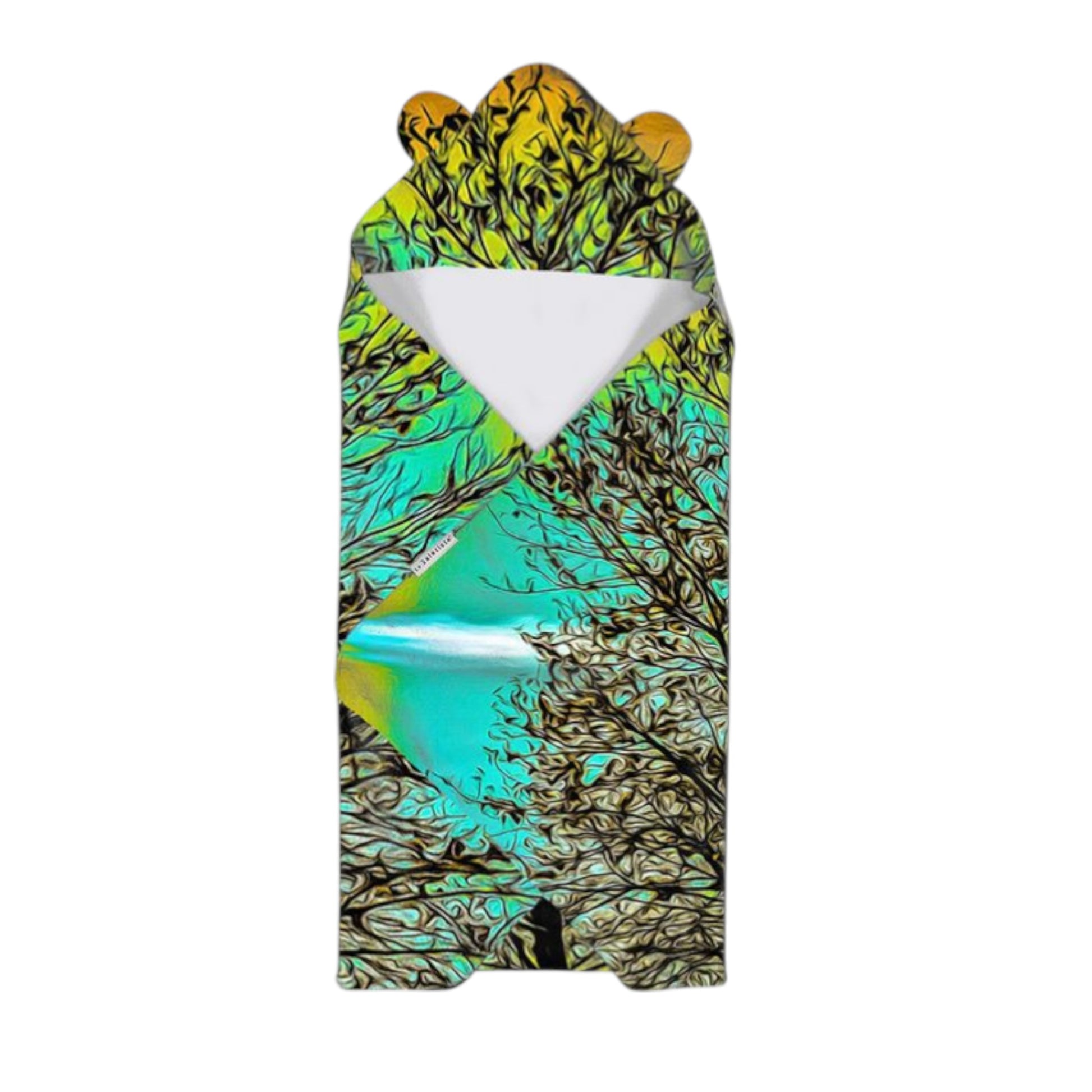 Colorful patterned baby wrap with bear design on a white background