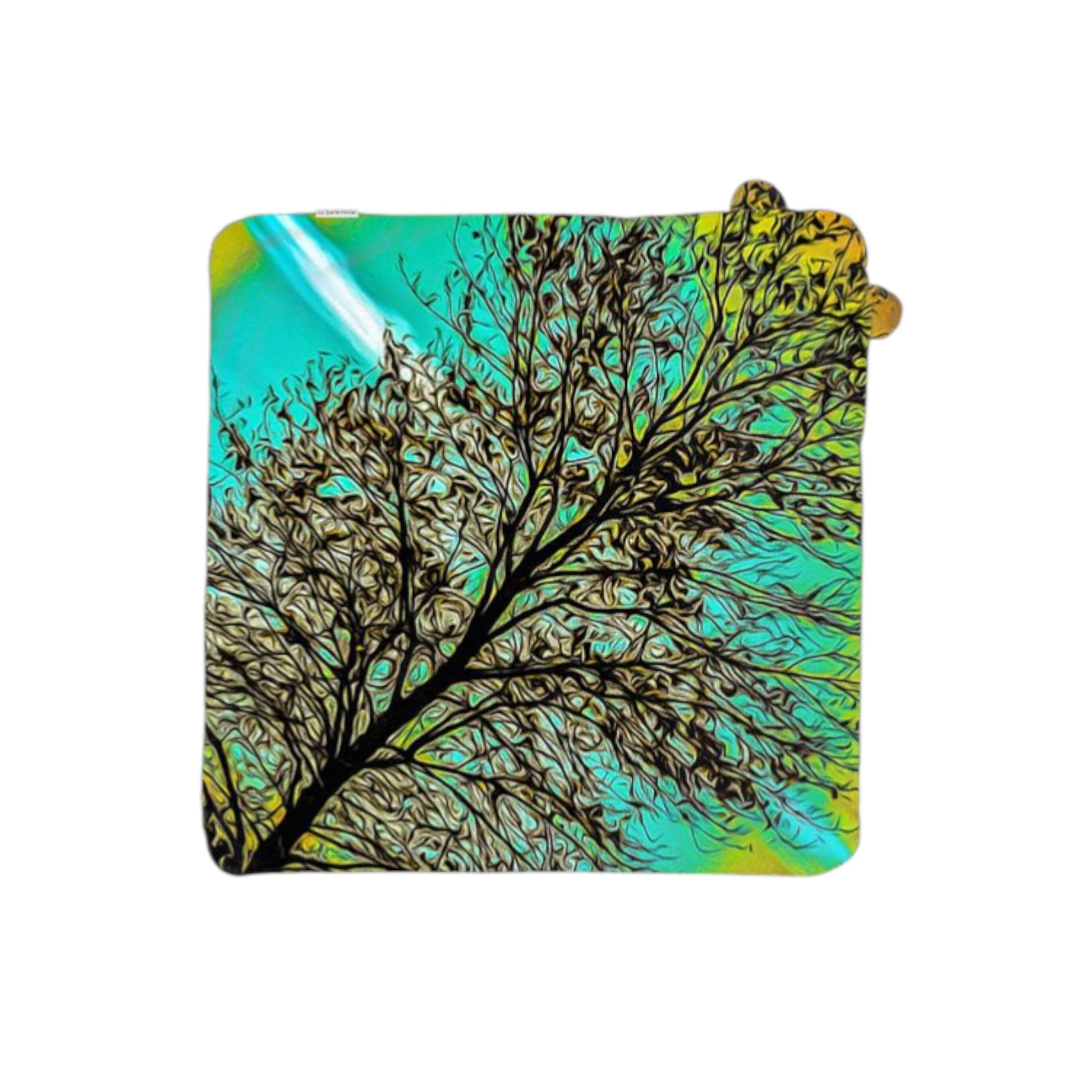 Colorful pouch with a tree design on a white background