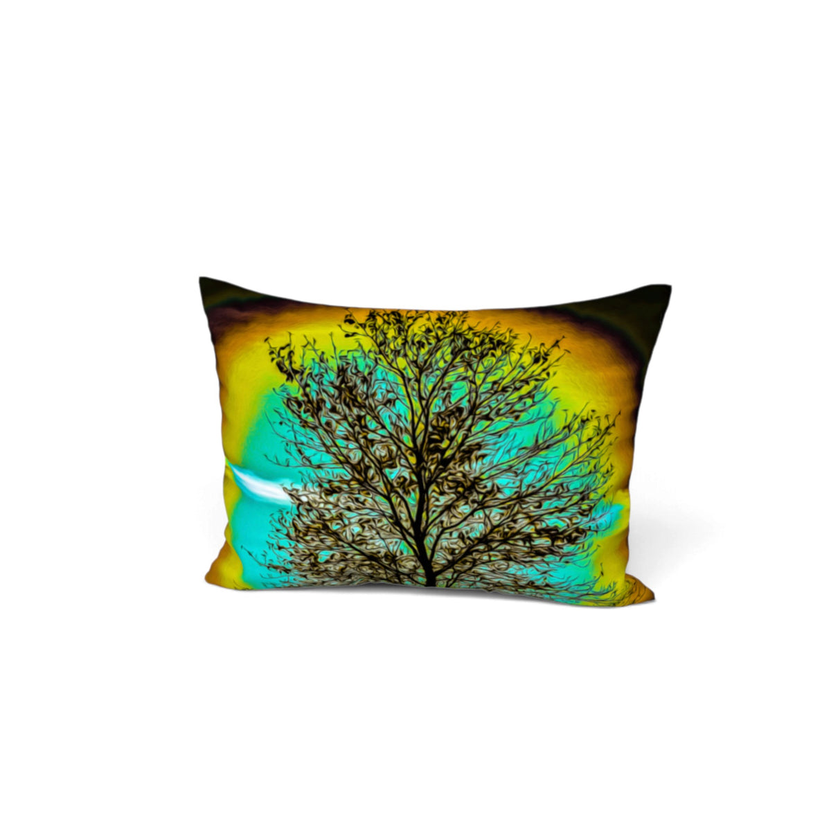 A rectangular decorative bed pillow featuring a graphic print of a bare tree silhouette against a vibrant yellow and turquoise background, shown on a plain white studio background.