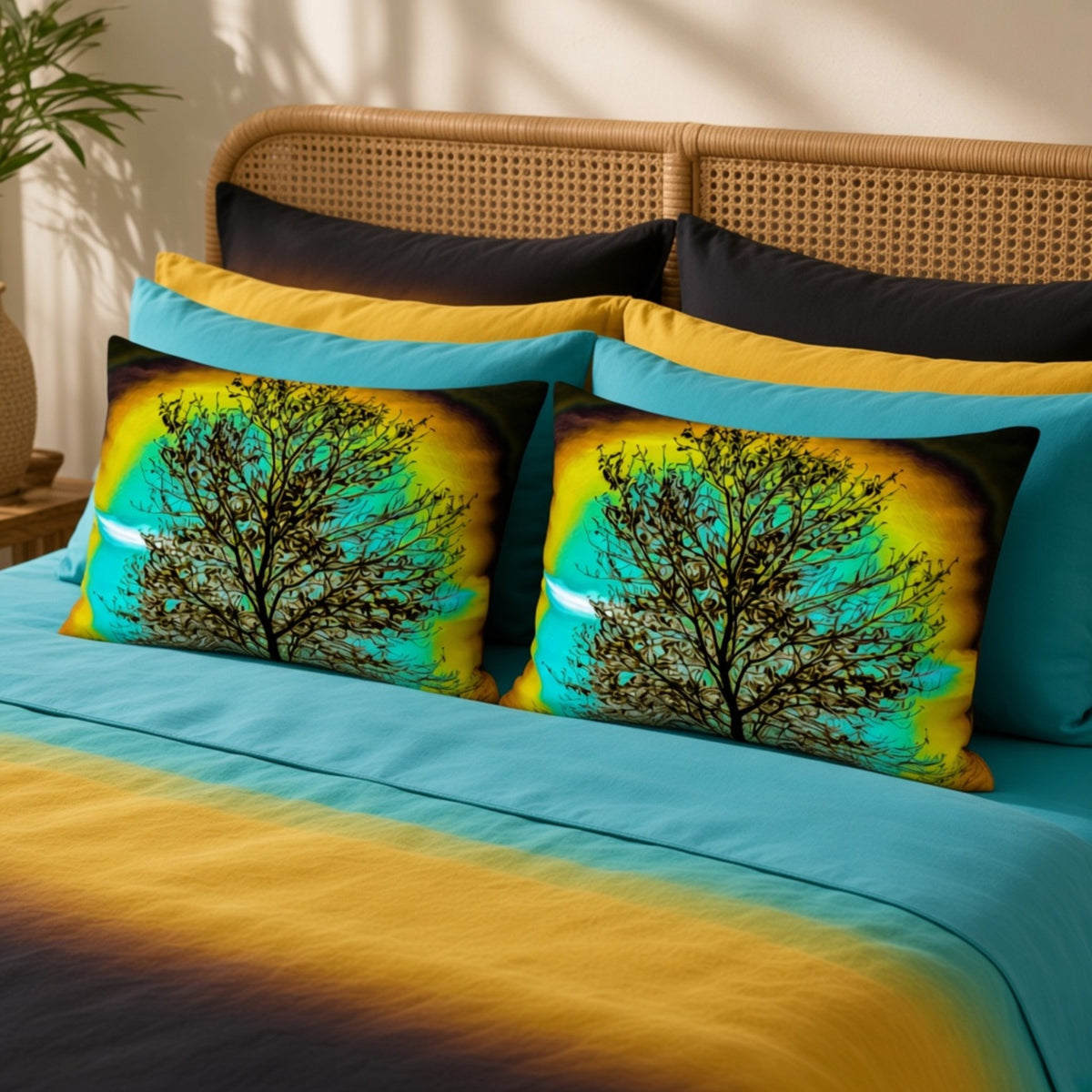 A bed styled with a bright turquoise and yellow gradient duvet cover, matching pillows, and two square decorative throw pillows featuring a black tree silhouette against a turquoise and yellow gradient background. The bed has a woven rattan headboard, with warm sunlight and shadows cast across the scene.