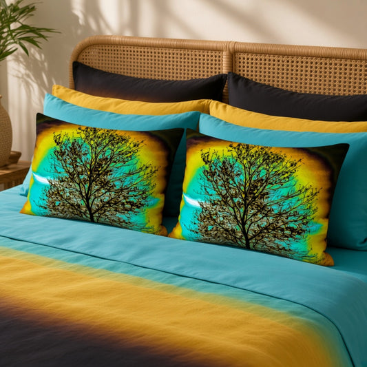 A bed styled with a bright turquoise and yellow gradient duvet cover, matching pillows, and two square decorative throw pillows featuring a black tree silhouette against a turquoise and yellow gradient background. The bed has a woven rattan headboard, with warm sunlight and shadows cast across the scene.
